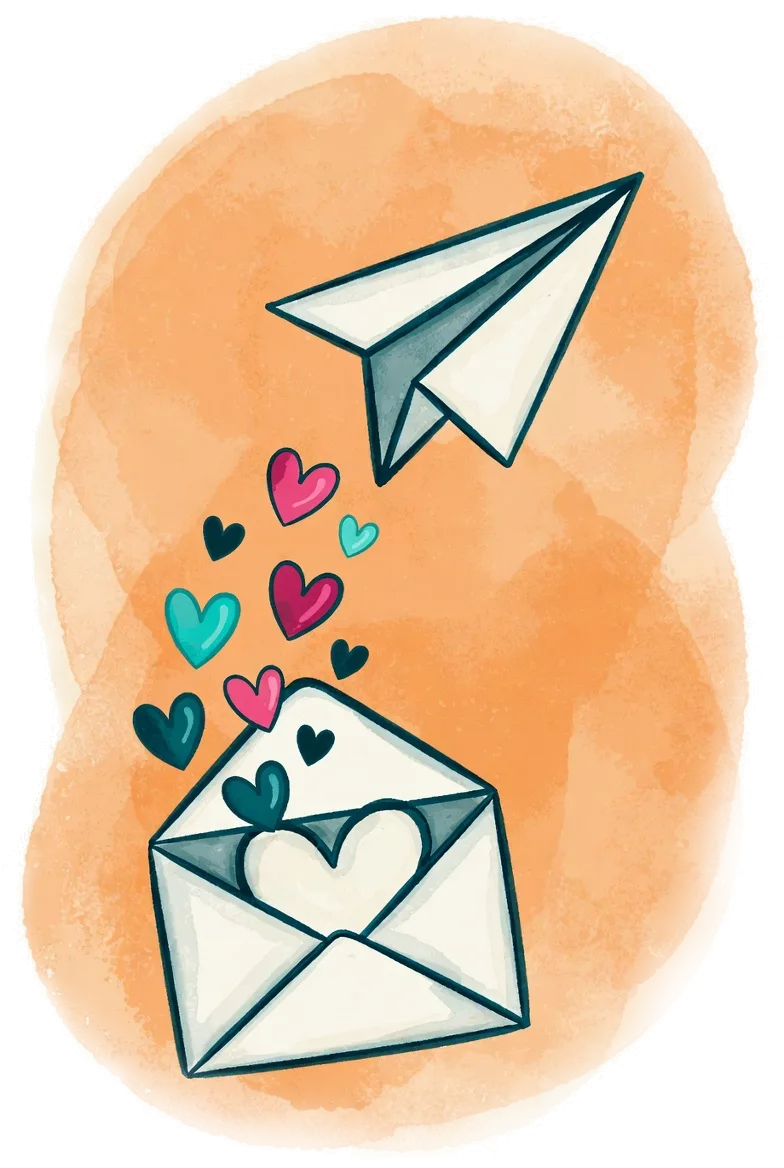 Illustration aquarelle : un avion en papier et une enveloppe qui libère des cœurs