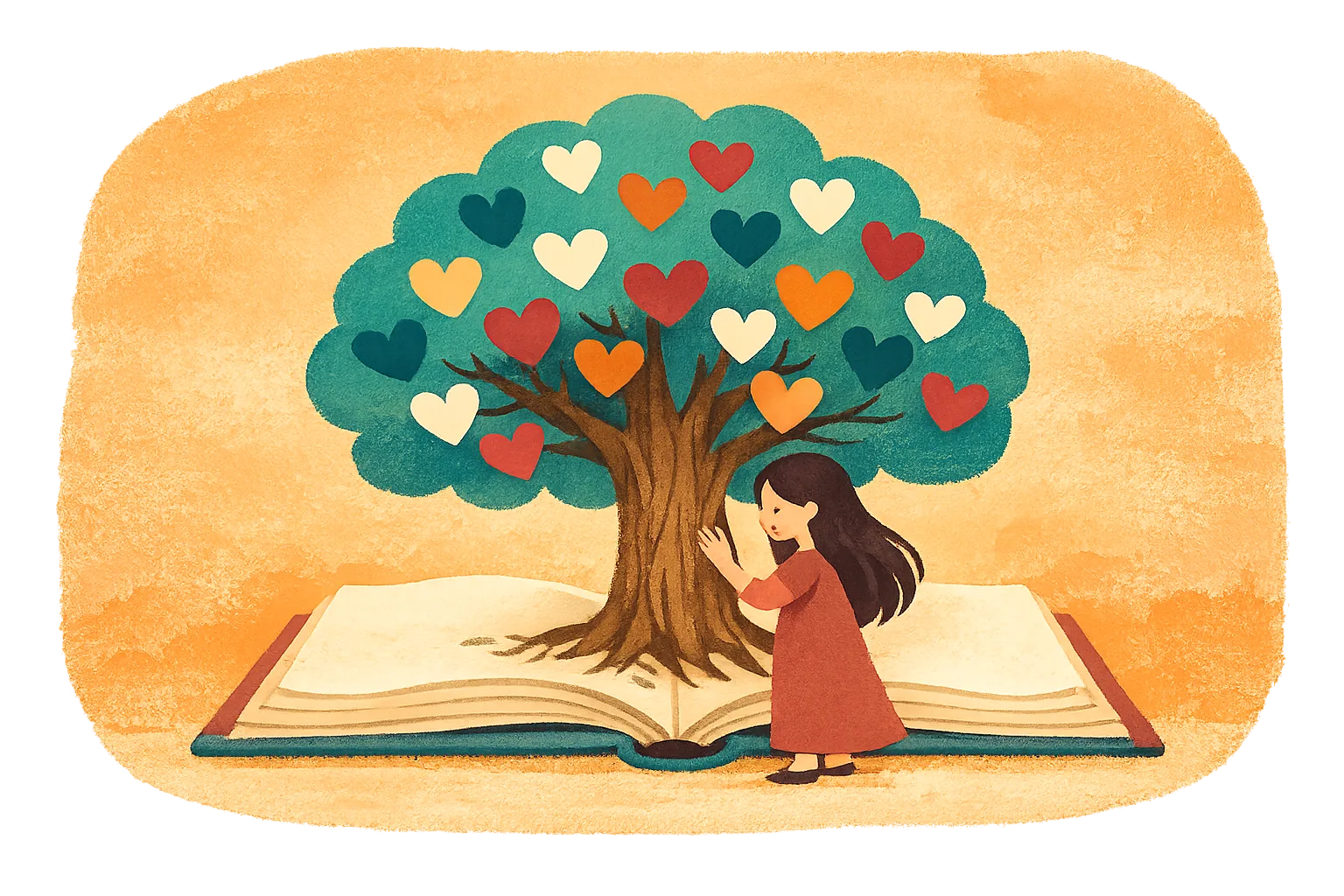 Illustration aquarelle : une fillette près d'un arbre aux feuilles en cœurs qui pousse d'un livre ouvert