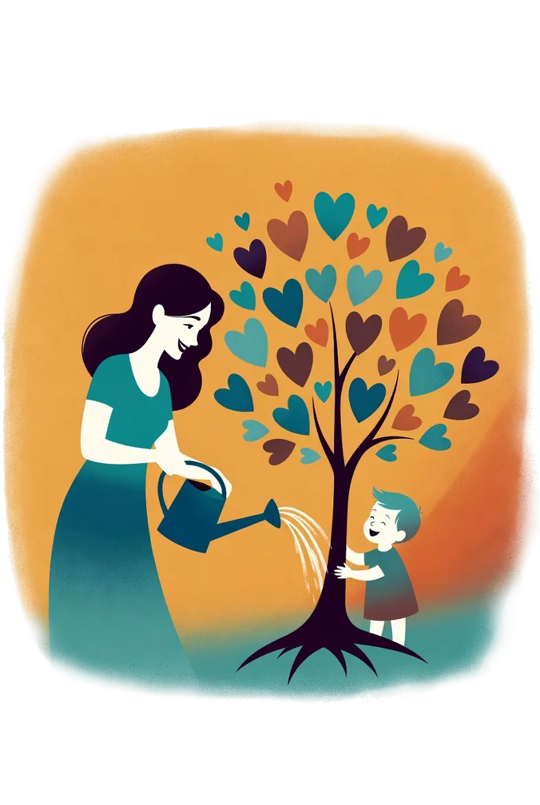 Une maman et son enfant arrosent ensemble un arbre en fleurs de cœurs