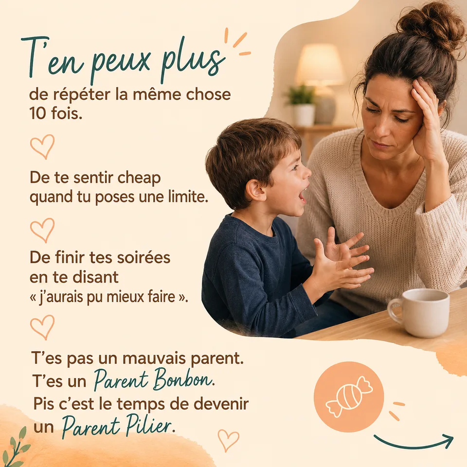 T'en peux plus de répéter la même chose 10 fois, de te sentir cheap quand tu poses une limite ? T'es pas un mauvais parent : t'es un Parent Bonbon, et c'est le temps de devenir un Parent Pilier.