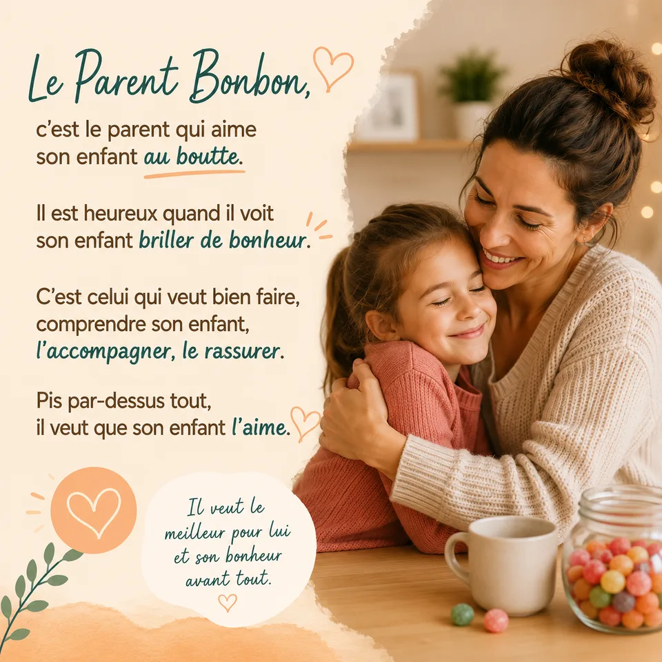Le Parent Bonbon, c'est le parent qui aime son enfant au boutte, qui veut bien faire, le comprendre, le rassurer — et par-dessus tout, il veut que son enfant l'aime.