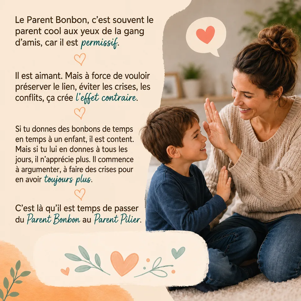 Le Parent Bonbon est souvent le parent cool et permissif. À force de vouloir éviter les crises, ça crée l'effet contraire. C'est là qu'il est temps de passer du Parent Bonbon au Parent Pilier.