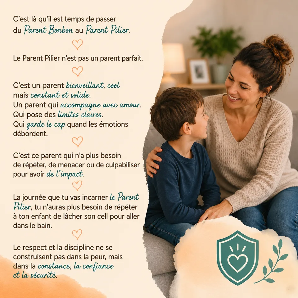 Le Parent Pilier n'est pas parfait : il est bienveillant, cool mais constant et solide. Le respect et la discipline se construisent dans la constance, la confiance et la sécurité, pas dans la peur.