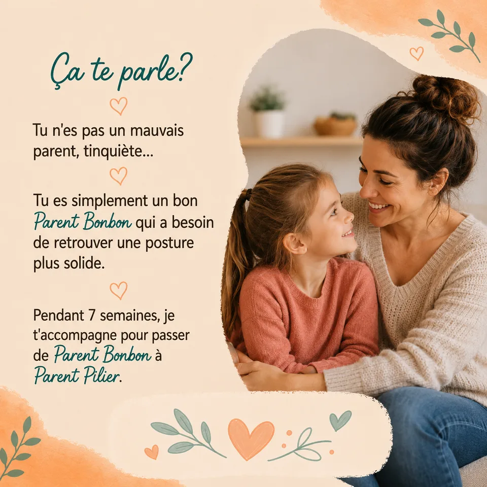 Ça te parle ? Tu n'es pas un mauvais parent : simplement un bon Parent Bonbon qui a besoin d'une posture plus solide. Pendant 7 semaines, je t'accompagne pour passer de Parent Bonbon à Parent Pilier.