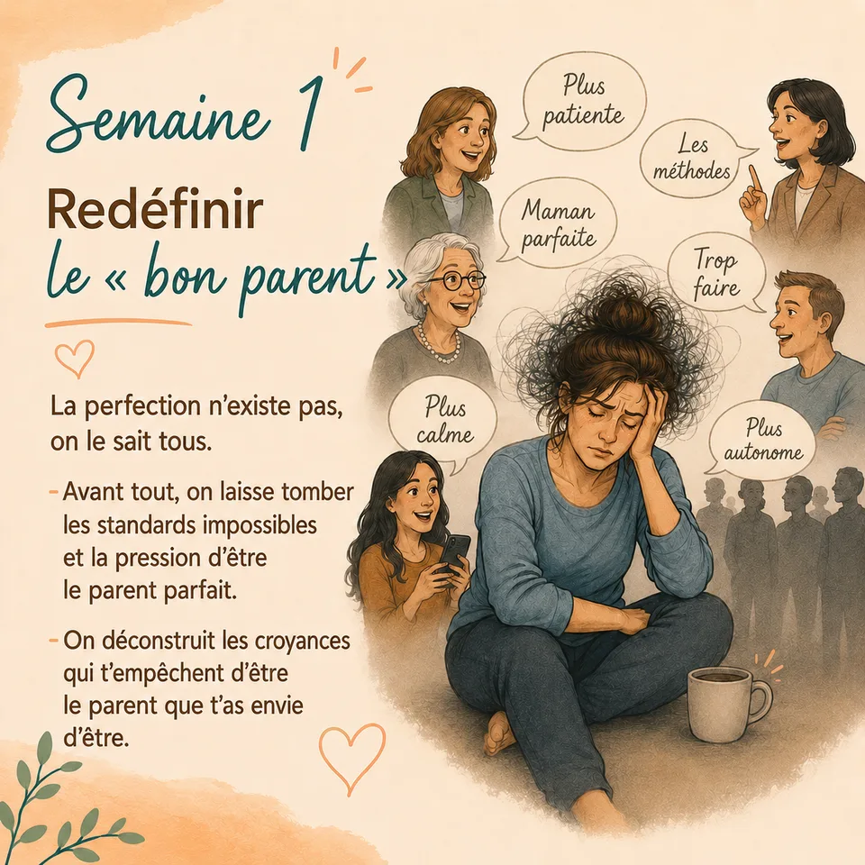Semaine 1 — Redéfinir le « bon parent » : on laisse tomber les standards impossibles et on déconstruit les croyances qui t'empêchent d'être le parent que t'as envie d'être.