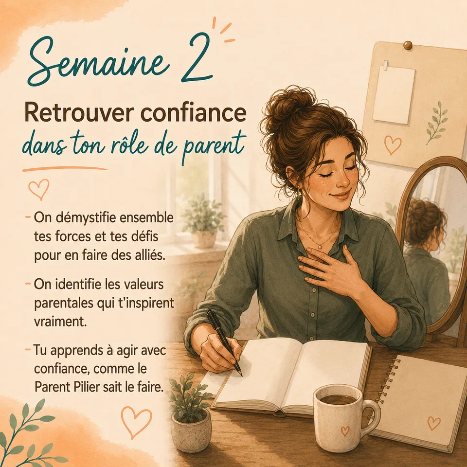 Semaine 2 — Retrouver confiance dans ton rôle de parent : on démystifie tes forces et tes défis, on identifie tes valeurs et tu apprends à agir avec confiance.