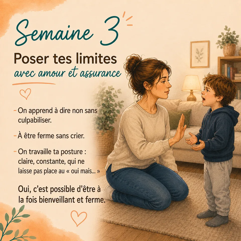 Semaine 3 — Poser tes limites avec amour et assurance : dire non sans culpabiliser, être ferme sans crier. Oui, c'est possible d'être à la fois bienveillant et ferme.