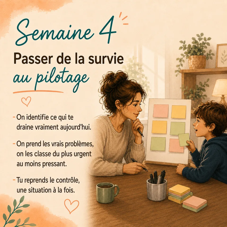 Semaine 4 — Passer de la survie au pilotage : on identifie ce qui te draine, on classe les vrais problèmes du plus urgent au moins pressant, tu reprends le contrôle une situation à la fois.