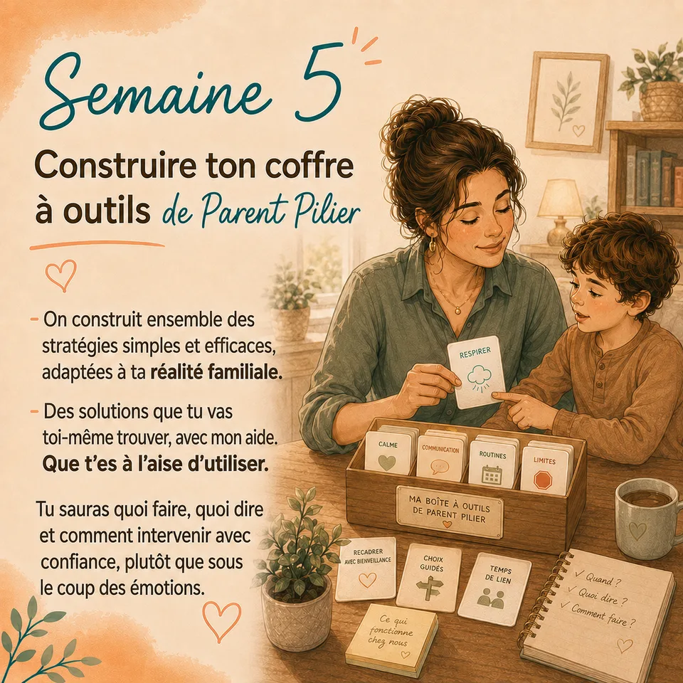Semaine 5 — Construire ton coffre à outils de Parent Pilier : des stratégies simples et efficaces, adaptées à ta réalité familiale, que tu es à l'aise d'utiliser.