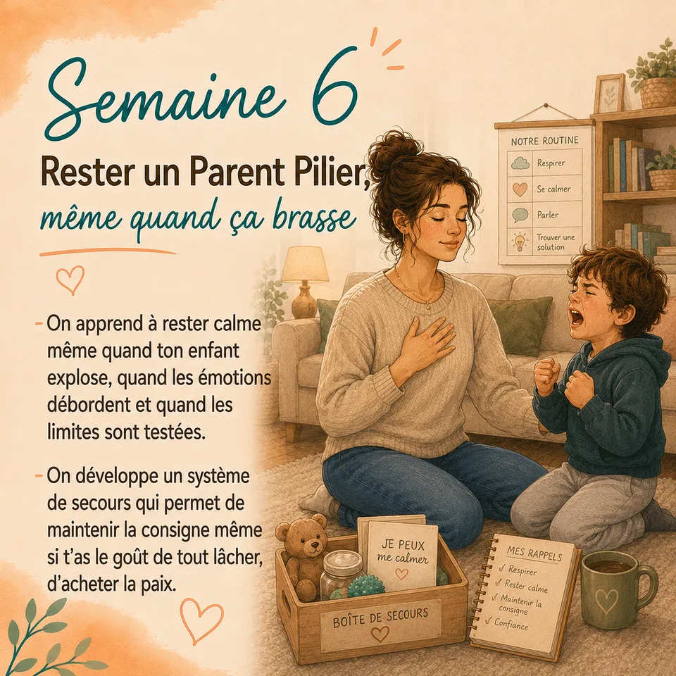 Semaine 6 — Rester un Parent Pilier même quand ça brasse : rester calme quand ton enfant explose et développer un système de secours pour maintenir la consigne.