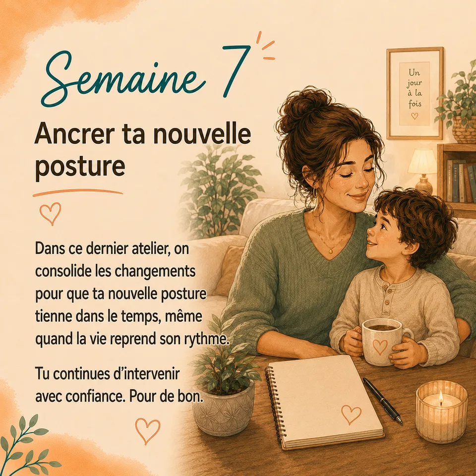 Semaine 7 — Ancrer ta nouvelle posture : on consolide les changements pour que ta nouvelle posture tienne dans le temps. Tu continues d'intervenir avec confiance, pour de bon.