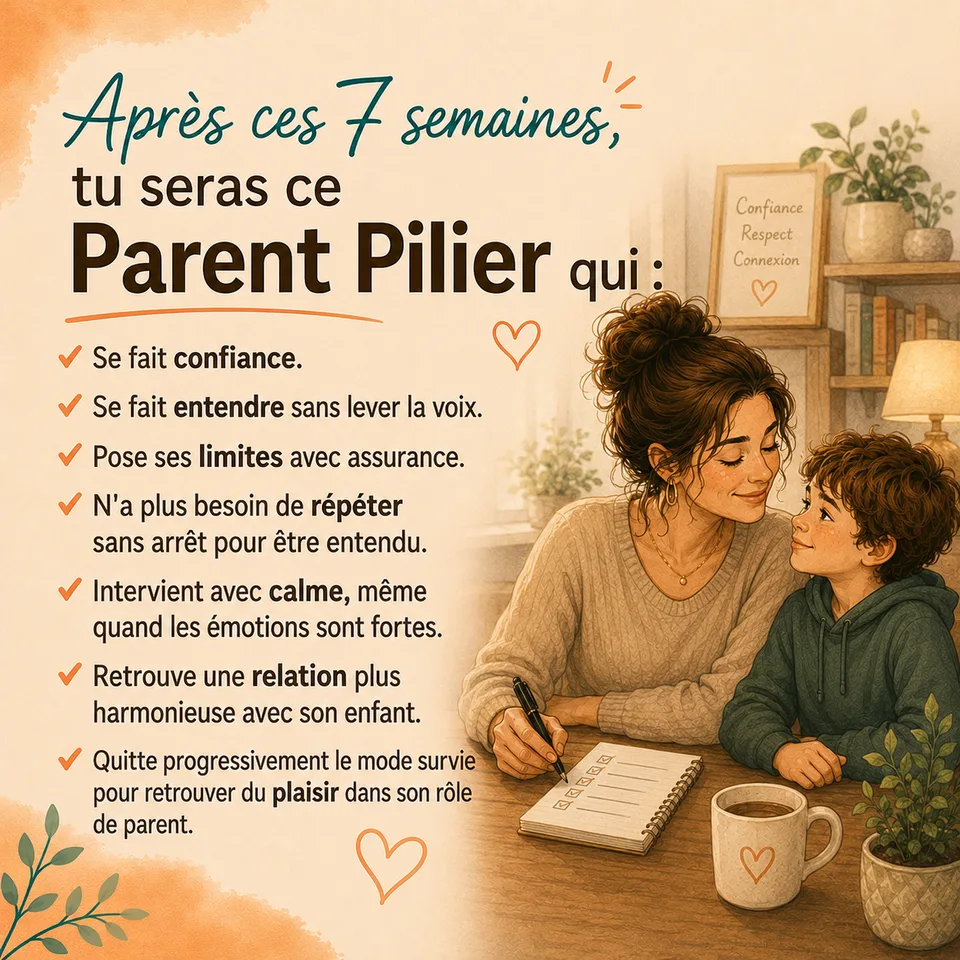 Après ces 7 semaines, tu seras ce Parent Pilier qui se fait confiance, se fait entendre sans lever la voix, pose ses limites avec assurance et retrouve une relation harmonieuse avec son enfant.