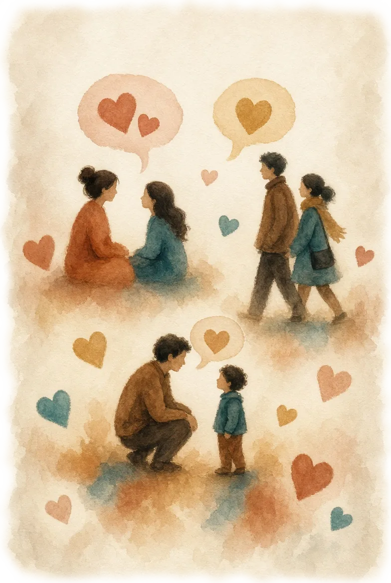 Illustration : des parents et leurs enfants qui se parlent, entourés de bulles de dialogue remplies de petits cœurs